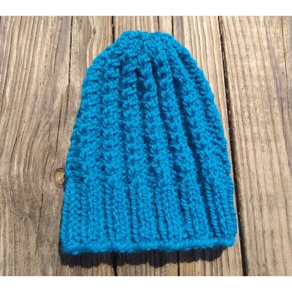 Women's Handmade Alpaca Beanie Twisted Rib Hat Wool Cap Skully Turquoise Blue - Picture 7 of 9